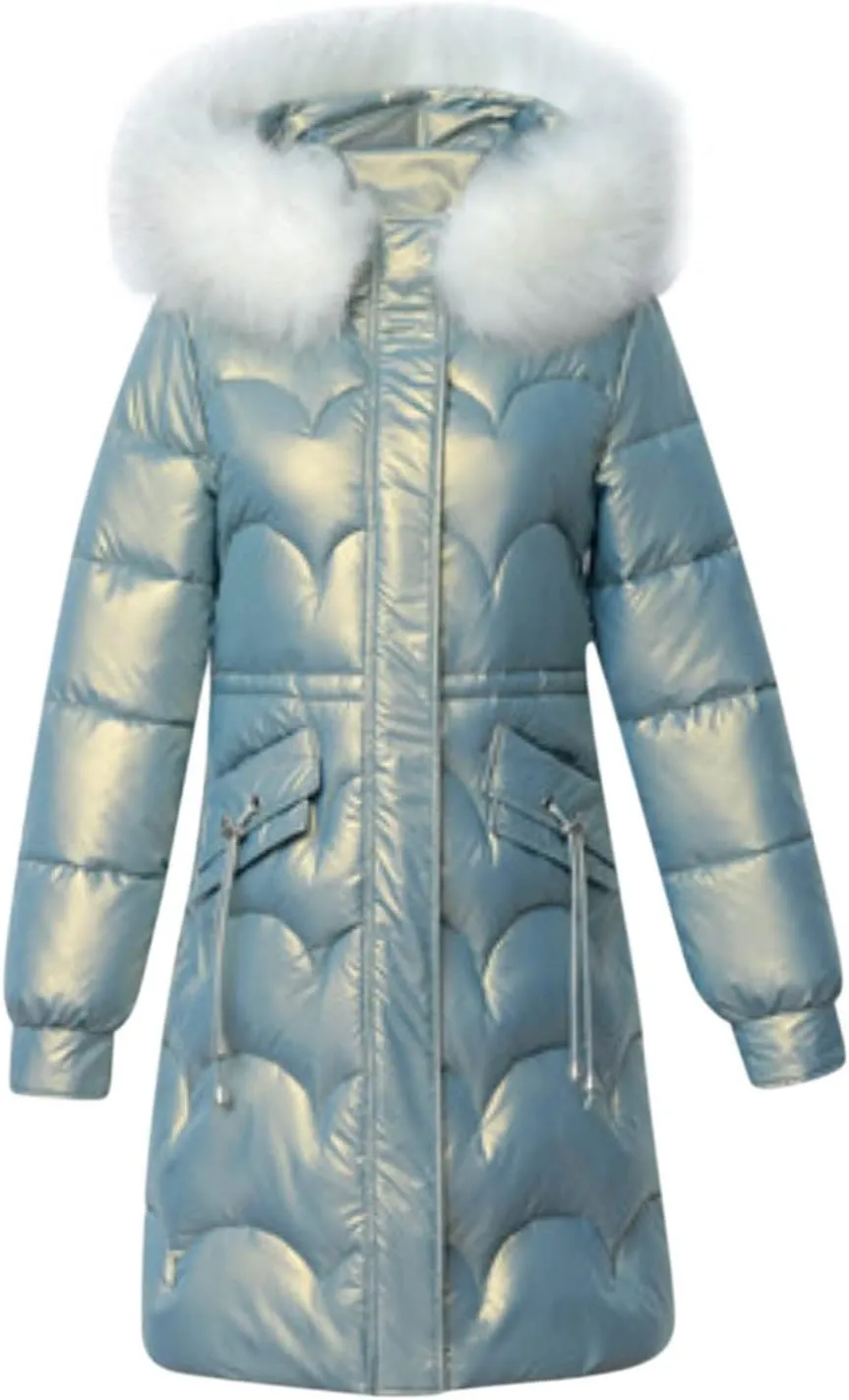 XUNRYAN Womens Shiny Winter Warm Down Coat Long Puffer Jackets Quilted Lightweight Outdoor Faux-Fur Anoraks Parka Outerwear