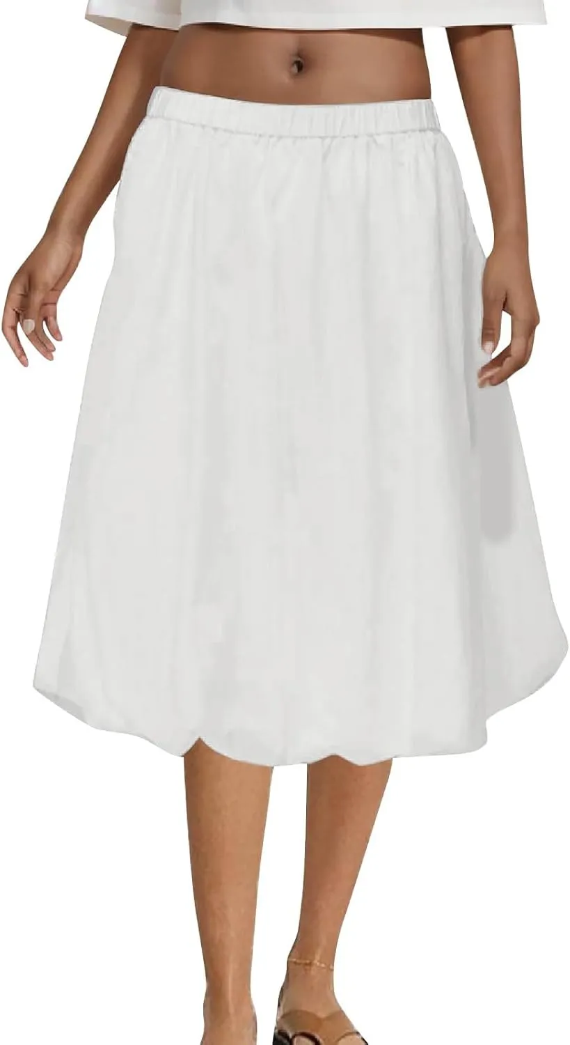 XUNRYAN Womens Summer Midi Skirts Casual Boho Solid Beach Elastic High Waist Pleated A-Line Flowy Swing Long Skirt Vacation