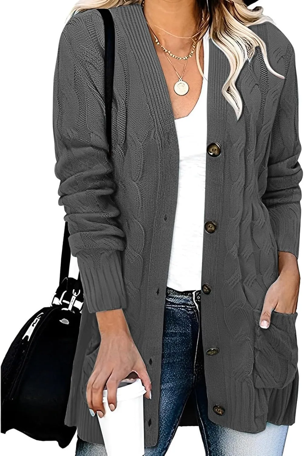 XUNRYAN Womens Sweaters Cardigan Dressy Buttons Chunky Knit Sweater Jackets Cable Knit Shawl Wraps Robes Outwear Winter Coat