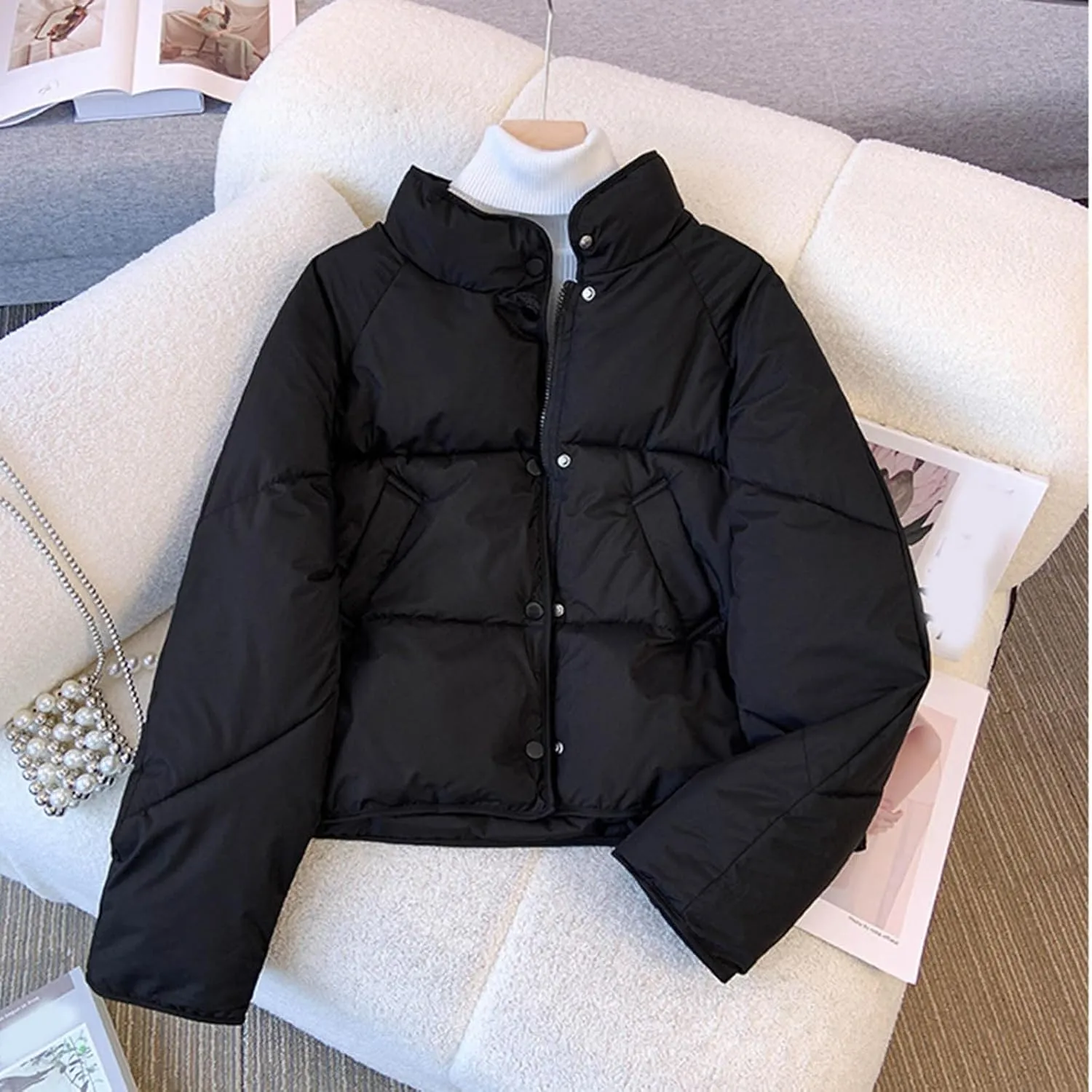 XUNRYAN Womens Winter Coats Fashion Puffer Jackets Quilted Lightweight Down Coat Cropped Warm Parka Anorak Outwear Overcoat