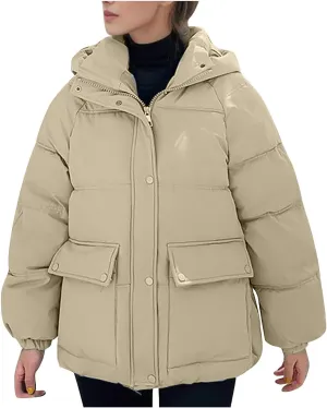 XUNRYAN Womens Winter Warm Down Coat Hooded Puffer Jackets Baggy Quilted Lightweight Cropped Jackets Overcoat Activewear