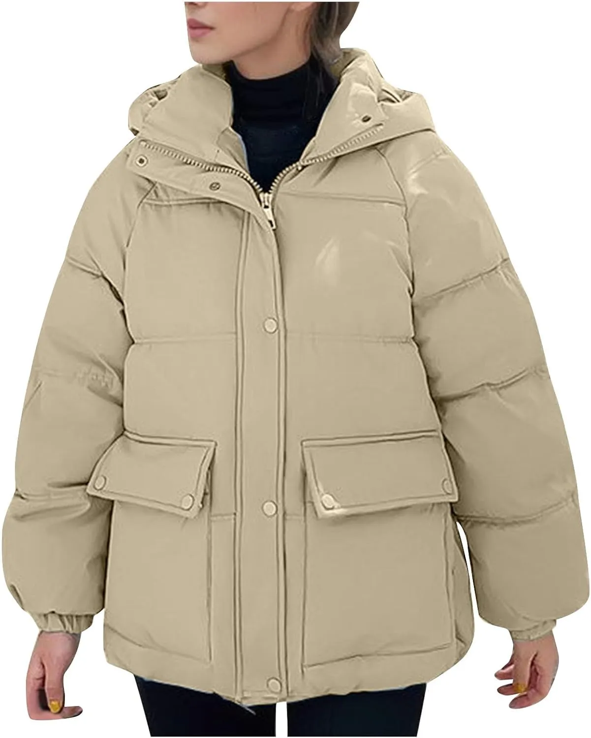 XUNRYAN Womens Winter Warm Down Coat Hooded Puffer Jackets Baggy Quilted Lightweight Cropped Jackets Overcoat Activewear