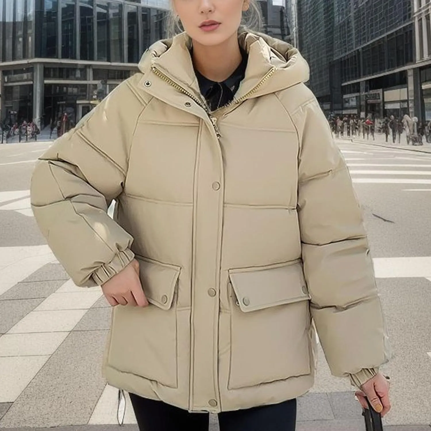 XUNRYAN Womens Winter Warm Down Coat Hooded Puffer Jackets Baggy Quilted Lightweight Cropped Jackets Overcoat Activewear