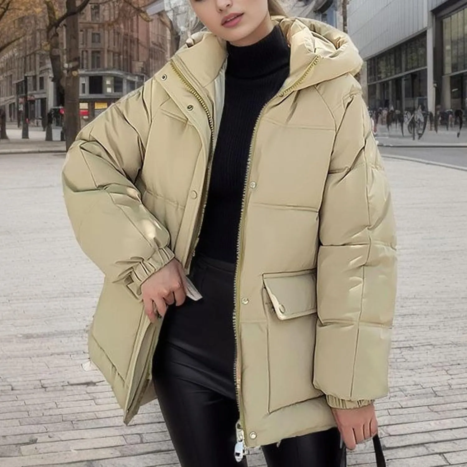 XUNRYAN Womens Winter Warm Down Coat Hooded Puffer Jackets Baggy Quilted Lightweight Cropped Jackets Overcoat Activewear