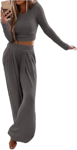 ZWRXW 2 Piece Outfits for Women 2023 Casual Lounge Set Ribbed Knit Bodycon Crop Top Long Pants Tracksuits Sweatsuit