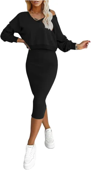 ZWRXW Womens 2 Piece Outfits Long Sleeve Ribbed Knit Top and Bodycon Midi Skirt Casual Oversized V Neck Pullover Sweater Sets